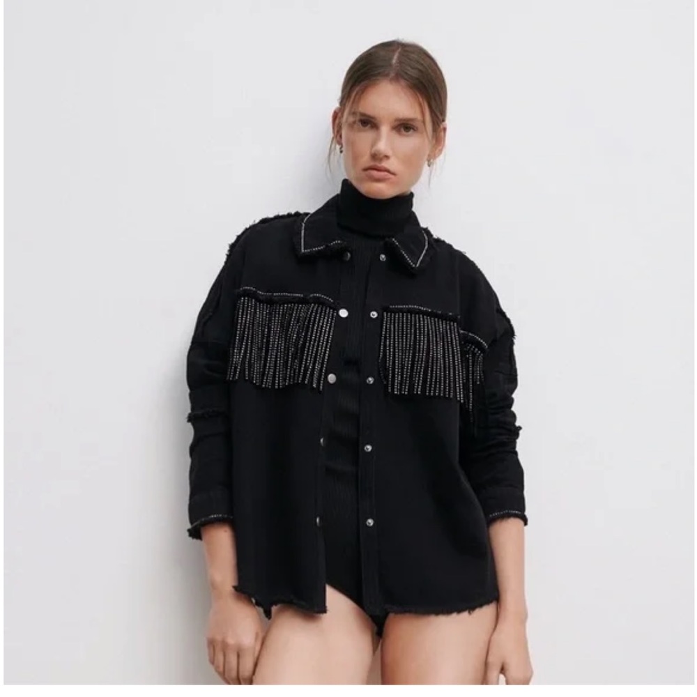 Zara black denim fringe jacket